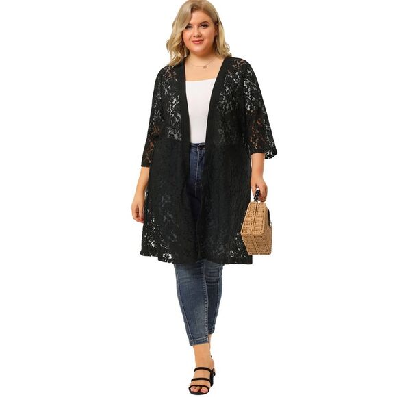 Plus Size Cardigans Women Lace Crochet 3/4 Sleeve Sheer Cover Up Jacket Black - Picture 3 of 6